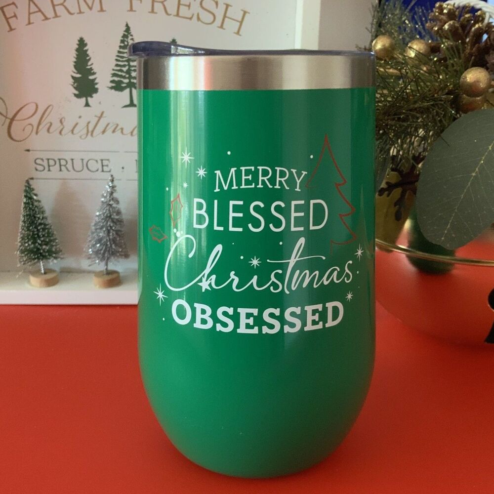Brand New! Green Insulated 16oz Christmas Coffee/Wine Tumbler w/Lid
